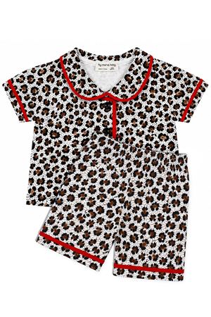 Kız Bebek Kahve Kırmızı Biyeli Leopar Desenli Şortlu Pijama Takım
