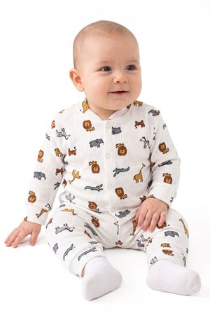 Erkek Bebek Ekru Renkli Hayvanlar Alemi Baskılı Çıtçıtlı Pijama Takımı