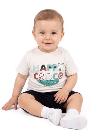 Erkek Bebek Ekru Siyah Happy Timsahlı Şortlu 2'li Takım