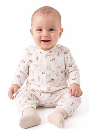 Erkek Bebek Ekru Dino Baskılı Çıtçıtlı Manşetli Tulum