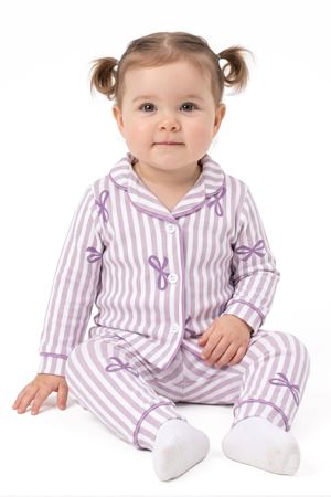 Kız Bebek Beyaz Lila Fiyonklu Çizgili Pijama Takımı