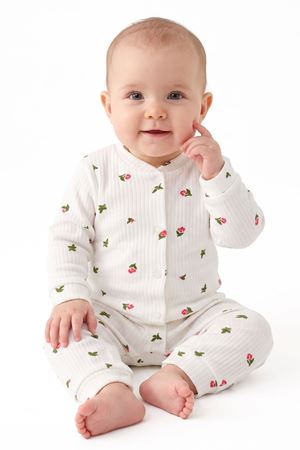 Kız Bebek Ekru Yeşil Minik Çiçek Baskılı Çıtçıtlı Manşetli Tulum