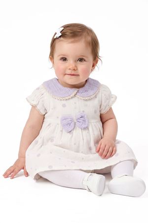 Kız Bebek Ekru Lila Fistolu Bebe Yaka Puanlı Elbise