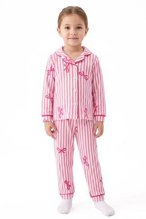 Kız Bebek Beyaz Pembe Fiyonklu Çizgili Pijama Takımı