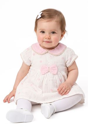 Kız Bebek Ekru Pembe Fistolu Bebe Yaka Puanlı Elbise