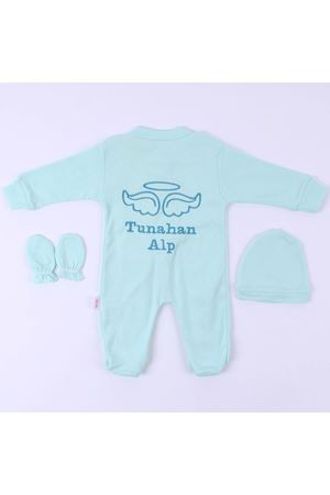 Erkek Bebek İsme Özel Turkuaz Nakışlı Bereli Eldivenli Turkuaz Tulum