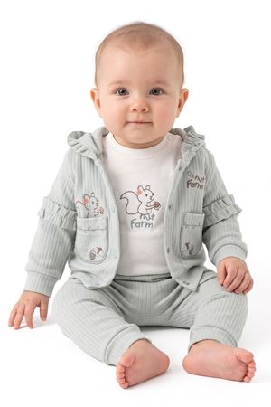 Unisex Ekru Su Yeşili Sincap Nakışlı Hırkalı 3'lü Takım