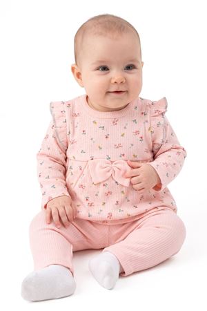 Kız Bebek Somon Renkli Minik Çiçek Desenli Fırfırlı Pijama Takımı
