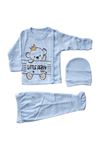 Erkek Bebek Mavi Şımarık Ayıcık Kendinden Eldivenli 3'lü Pijama Takımı 0-3 Ay
