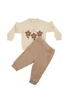 Kız Bebek Ekru Kahve Çiçek Nakışlı İkili Takım