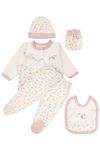 Kız Bebek Ekru Pudra Çiçek Nakışlı Fırfırlı 5 Parça Hastane Çıkış Seti
