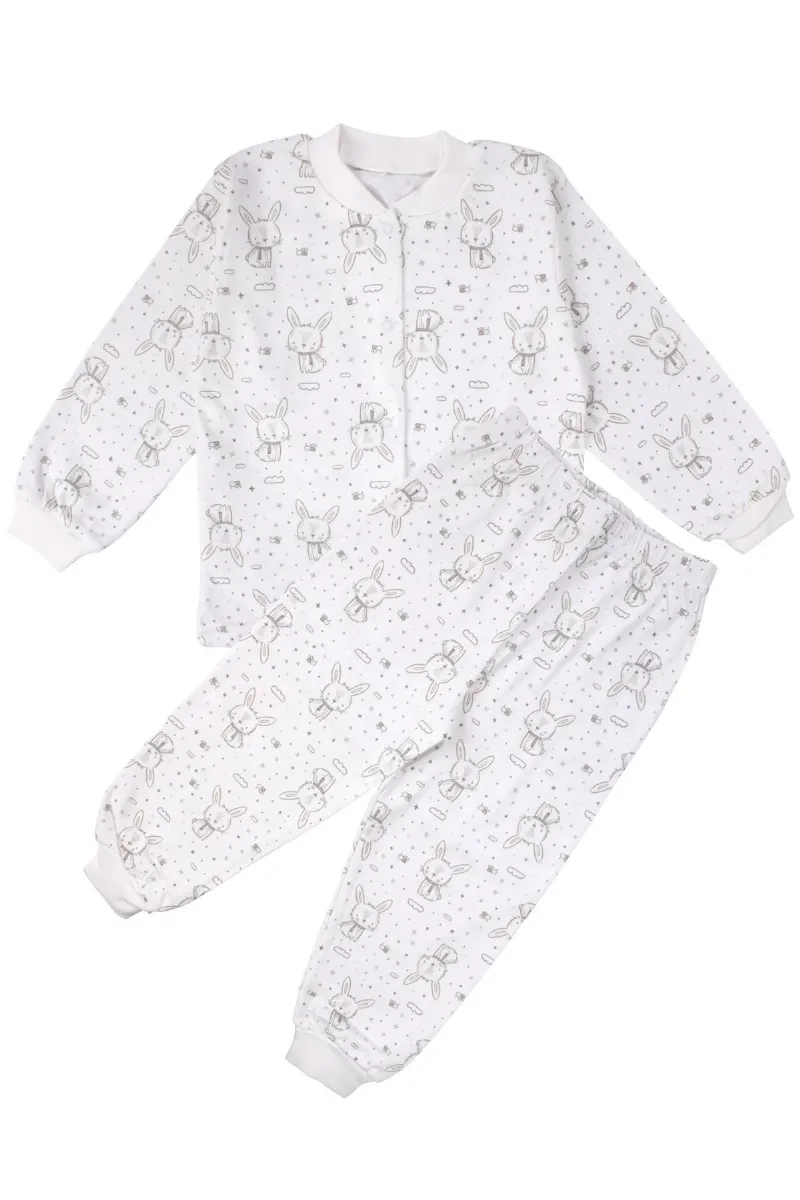 Kız Çocuk Ekru Tavşan Desenli Çıtçıtlı Pijama Takımı