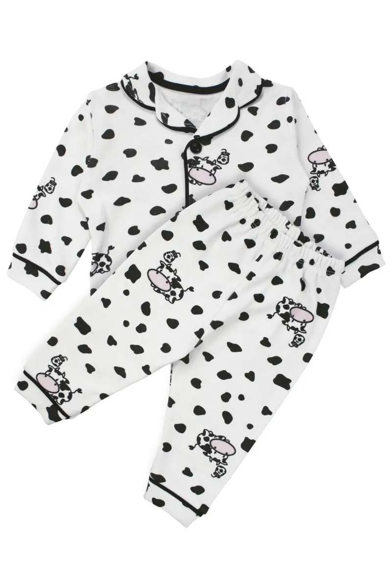 Unisex Ekru Siyah İnek Desenli Kruvaze Yaka Pijama Takımı