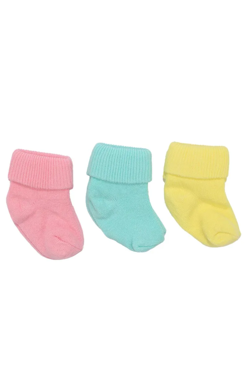 Unisex Pembe Turkuaz Sarı Kıvrık 3'lü Çorap 0-6 Ay