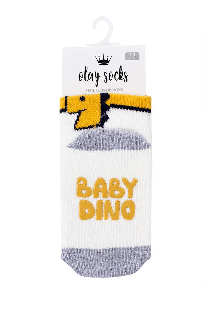 Erkek Çocuk Ekru Sarı Baby Dino Yazılı Kaydırmaz Çorap