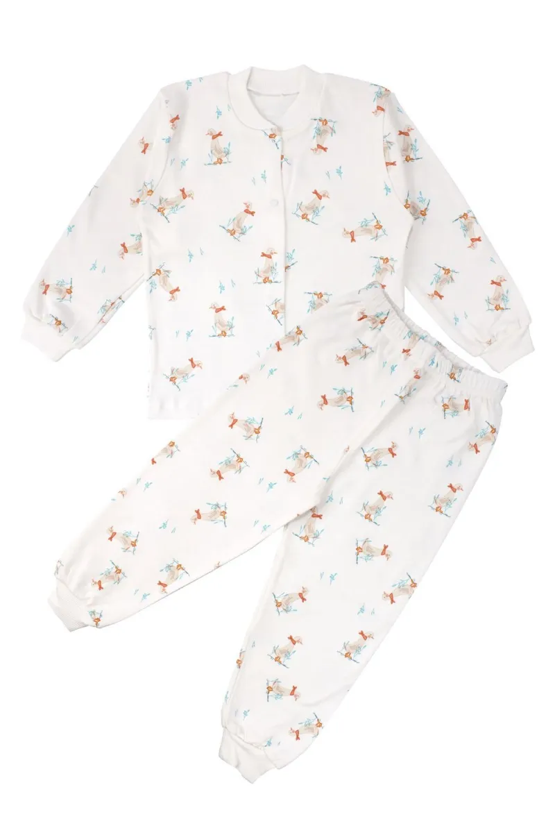Unisex Ekru Ördek Desenli Çıtçıtlı Pijama Takımı