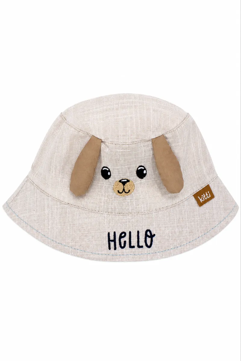 Erkek Bebek Kahve Hello Yazılı Köpekli Kulaklı Fötr Şapka 0-18 Ay