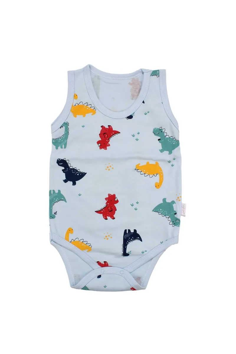 Erkek Bebek Mavi Renkli Dino Baskılı Askılı Zıbın