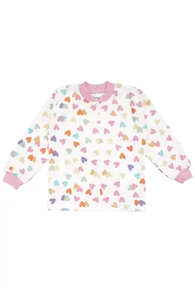 Kız Çocuk Ekru Pembe Renkli Kalpli Desenli Çıtçıtlı Pijama Takımı