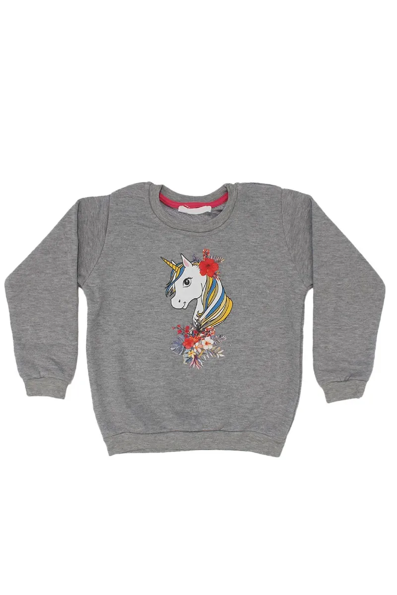 Kız Çocuk Gri Unicorn Desenli Tek Üst Sweat