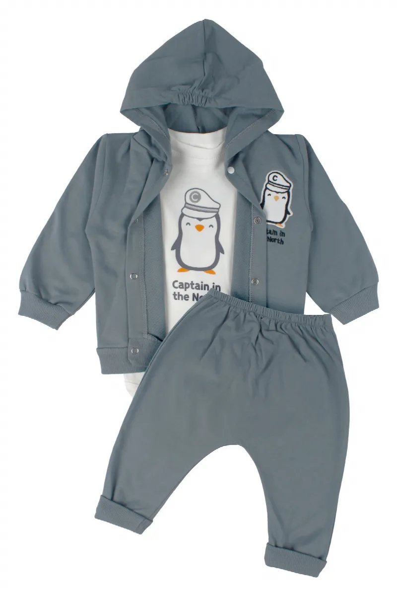 Erkek Bebek Gri Beyaz Penguen Baskılı 3'lü Takım