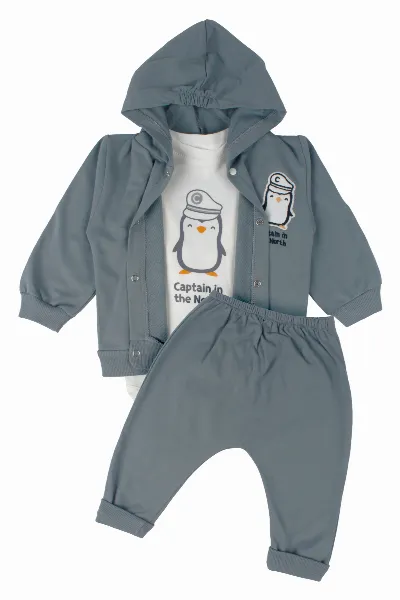 Erkek Bebek Gri Beyaz Penguen Baskılı 3'lü Takım
