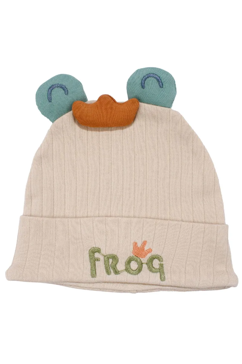 Erkek Bebek Bej Yeşil Froq Nakışlı Kulaklı Bere 0-12 Ay