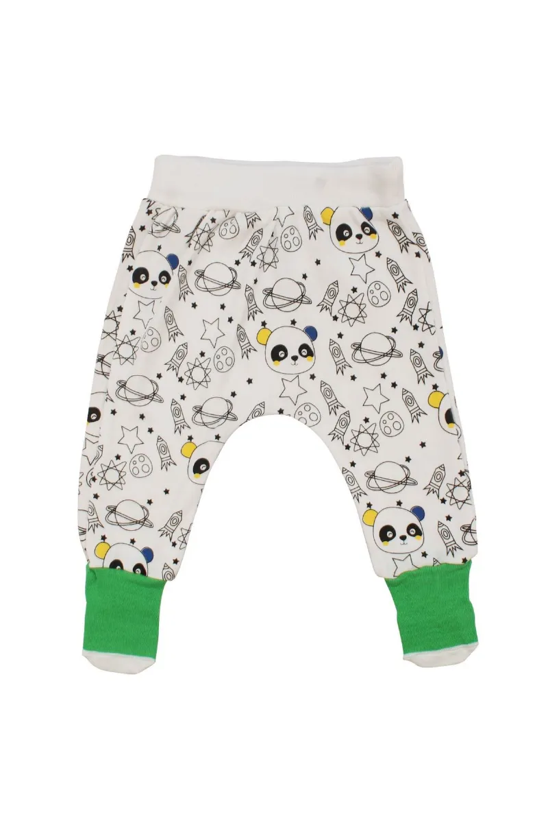 Erkek Bebek Beyaz Yeşil Çoraplı Panda Gezegen Desenli Tek Alt