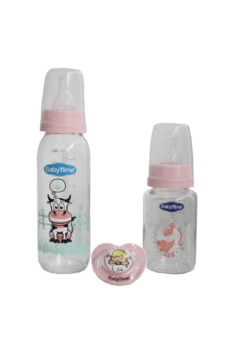 Baby Time Pembe 3'lü Cam Biberon Set