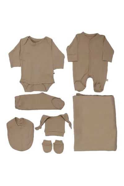 Unisex Bej Tulumlu Battaniyeli 7 Parça Hastane Çıkış Seti