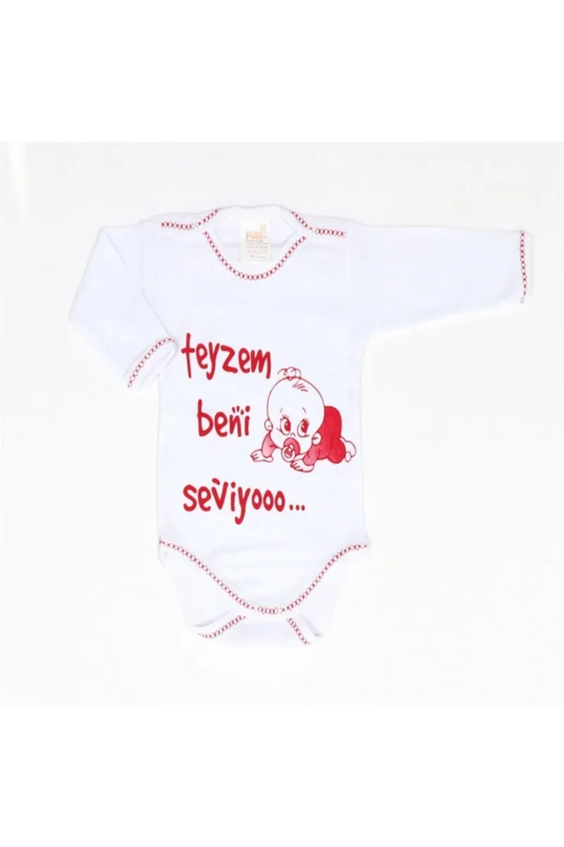 Teyzem Beni Seviyoo Bebek Zıbını  Uzun Kollu Kırmızı Yazılı