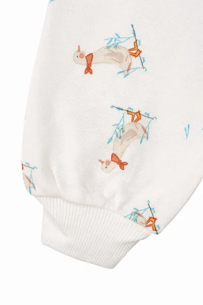 Unisex Ekru Ördek Desenli Çıtçıtlı Pijama Takımı