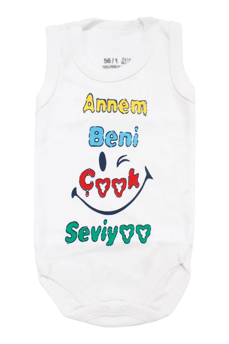 Unisex Beyaz Annem Beni Çok Seviyor Yazılı Askılı Zıbın
