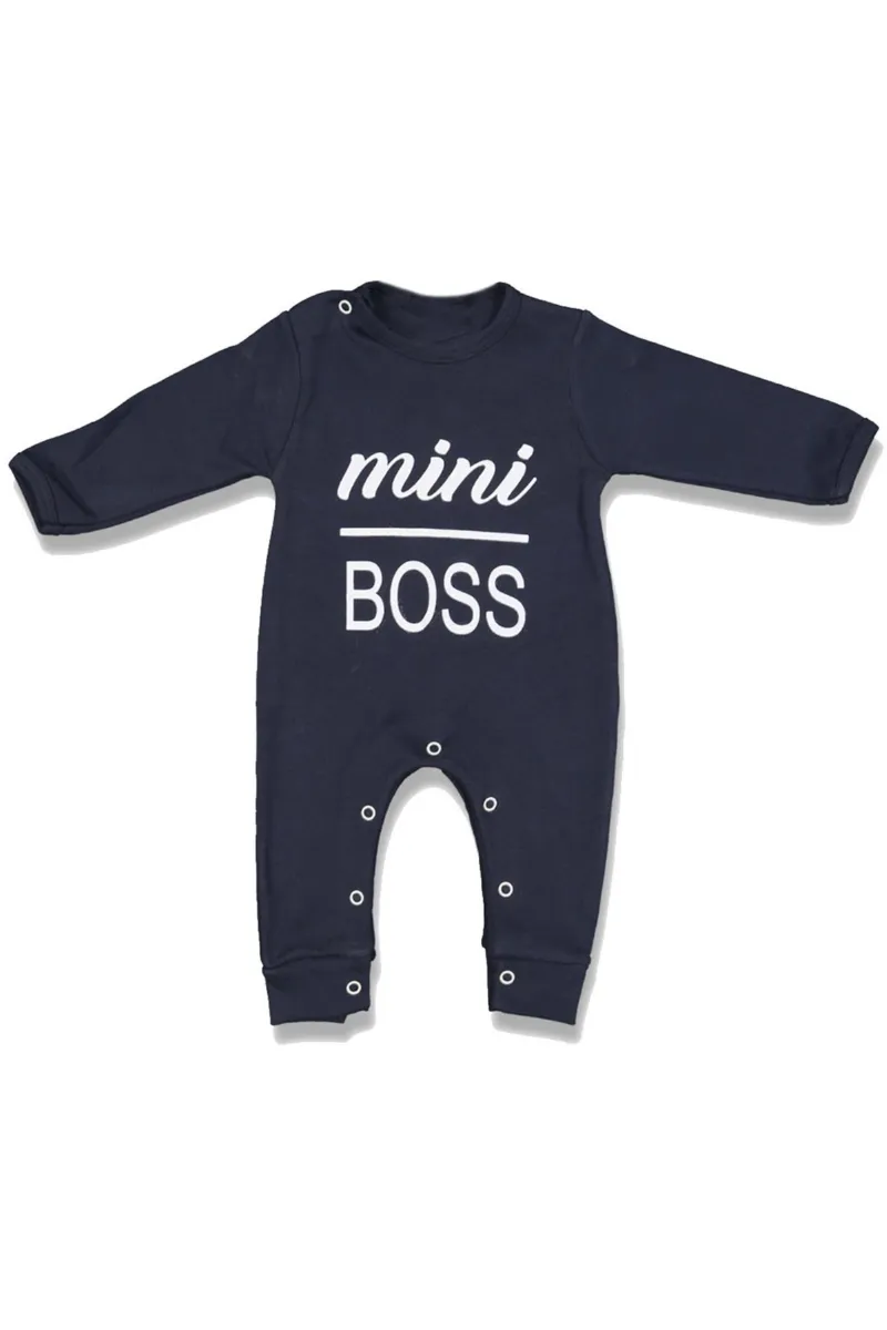 Mini Boss Baskılı Çıtçıt Kapamalı Uzun Kol Bebek Tulumu - Lacivert