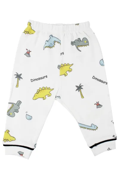 Unisex Ekru Renkli Dinazor Desenli Kruvaze Yaka Pijama Takımı