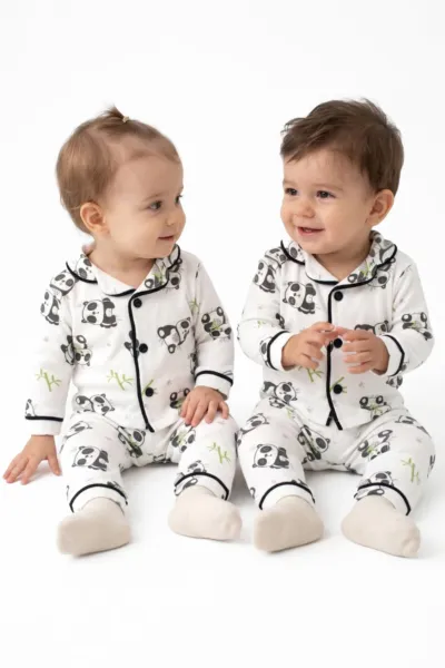 Unisex Ekru Siyah Panda Desenli Kruvaze Yaka Pijama Takımı