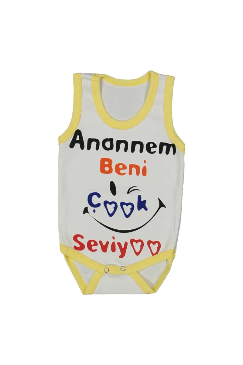 Unısex Beyaz Sarı Biyeli Anaannem Beni Seviyor Yazılı Askılı Zıbın