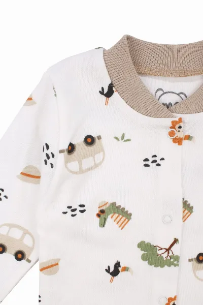 Erkek Bebek Ekru Otobüslü Hayvanlı Çıtçıtlı Pijama Takımı