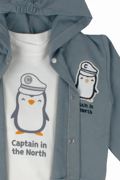 Erkek Bebek Gri Beyaz Penguen Baskılı 3'lü Takım