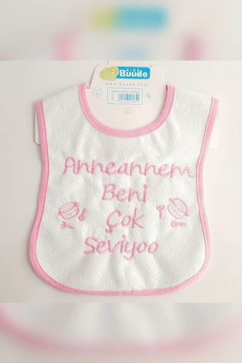 Pembe Anneannem Beni Çok Seviyor Yazılı Su Geçirmez Kız Bebek Önlüğü
