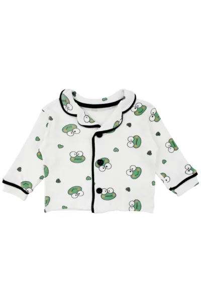 Unisex Ekru Yeşil Kurbağa Desenli Kruvaze Yaka Pijama Takımı