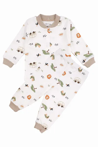 Erkek Bebek Ekru Otobüslü Hayvanlı Çıtçıtlı Pijama Takımı