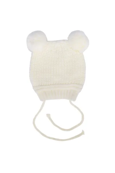 Unisex Ekru Ponponlu İpli Triko Bere 0-6 Ay