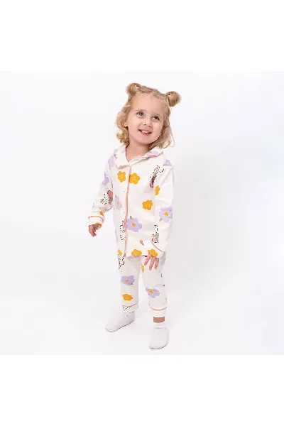 Kız Çocuk Ekru Turuncu Lila Çicek Tavşanlı Desenli Kruvaze Yaka Pijama Takımı