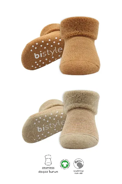 Bistyle 2'Li Çemberli Kaymaz Havlu Soket Çorap 10503 Bej-Hardal