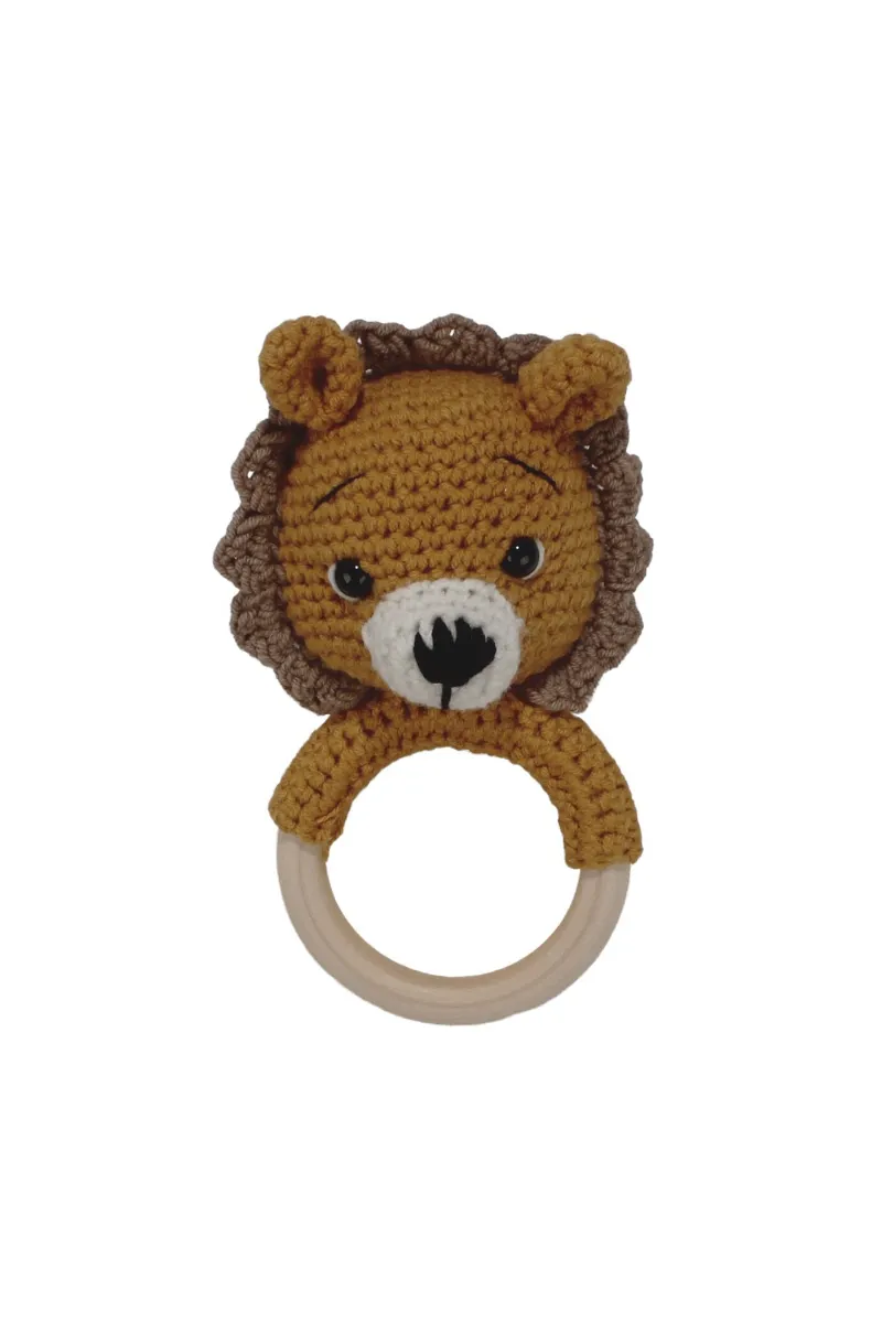 Amigurumi Sevimli Hardal Kahve Aslan Diş Kaşıyıcı Çıngıraklı Organik Oyuncak