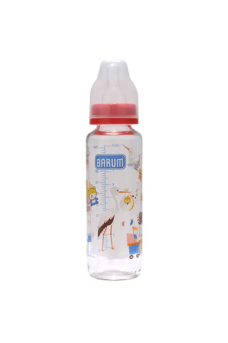 Barum Cam Leylekli Teren Desenli Bebek Biberon Kırmızı 250 ml