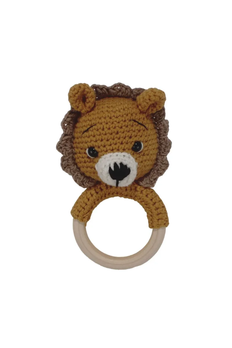 Amigurumi Sevimli Hardal Kahve Aslan Diş Kaşıyıcı Çıngıraklı Organik Oyuncak