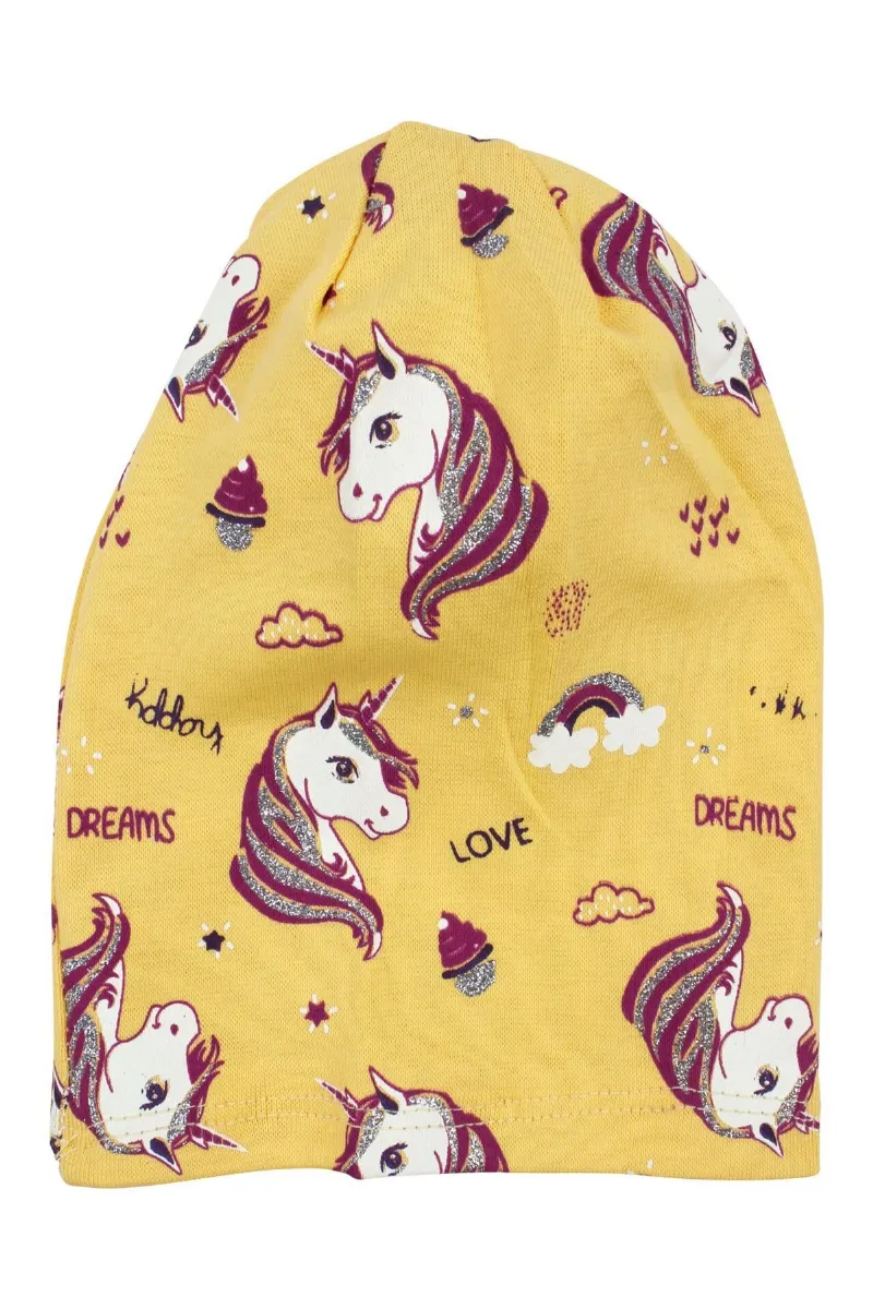 Kız Bebek Sarı Gri Simli Pembe Unicorn Desenli Bere 0-6 Ay