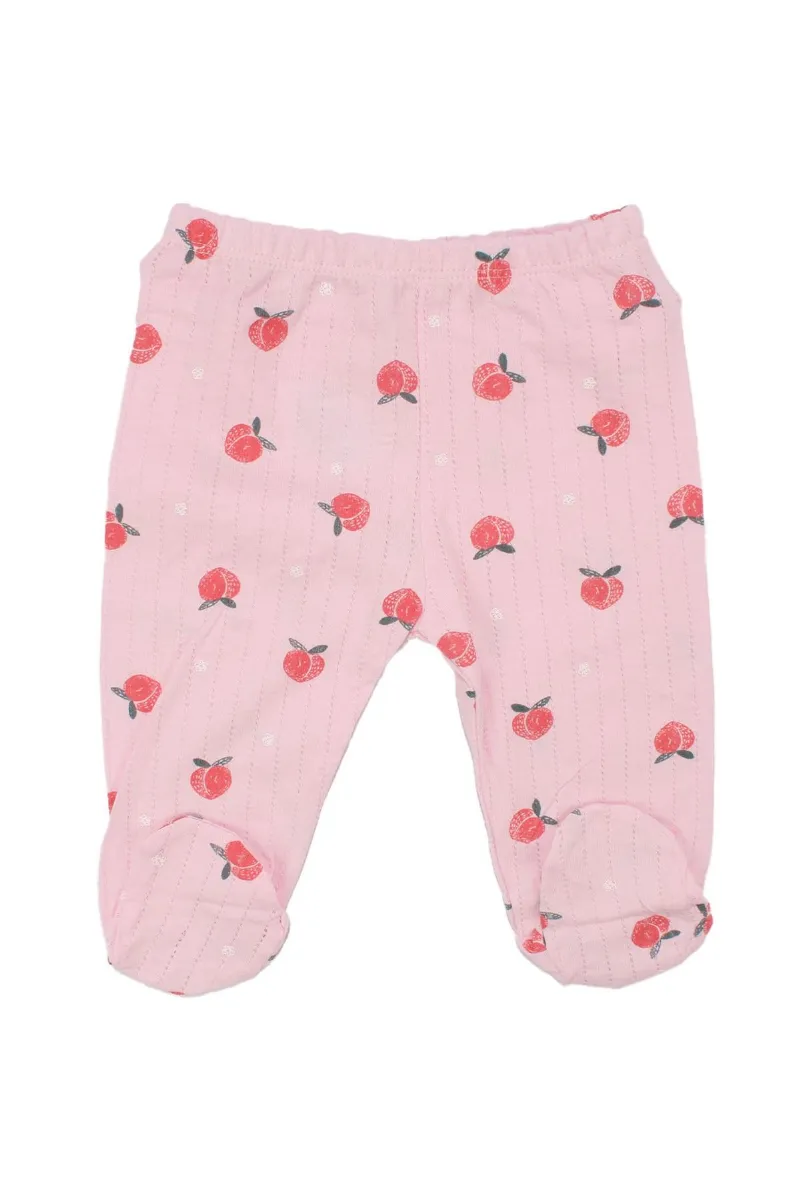 Kız Bebek Pembe Ekru Şeftali Desenli 3'lü Tek Alt Set